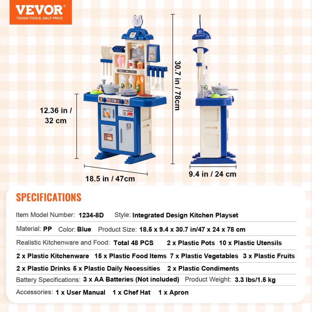 VEVOR Kids Kitchen Playset, Toddler Kitchen with Cooking Stove with Steam, Sounds and Lights, Play Kitchen Set with 48 PCS Cooking Accessory Set for Toddlers, Preschoolers, Children Ages 3-5, Blue