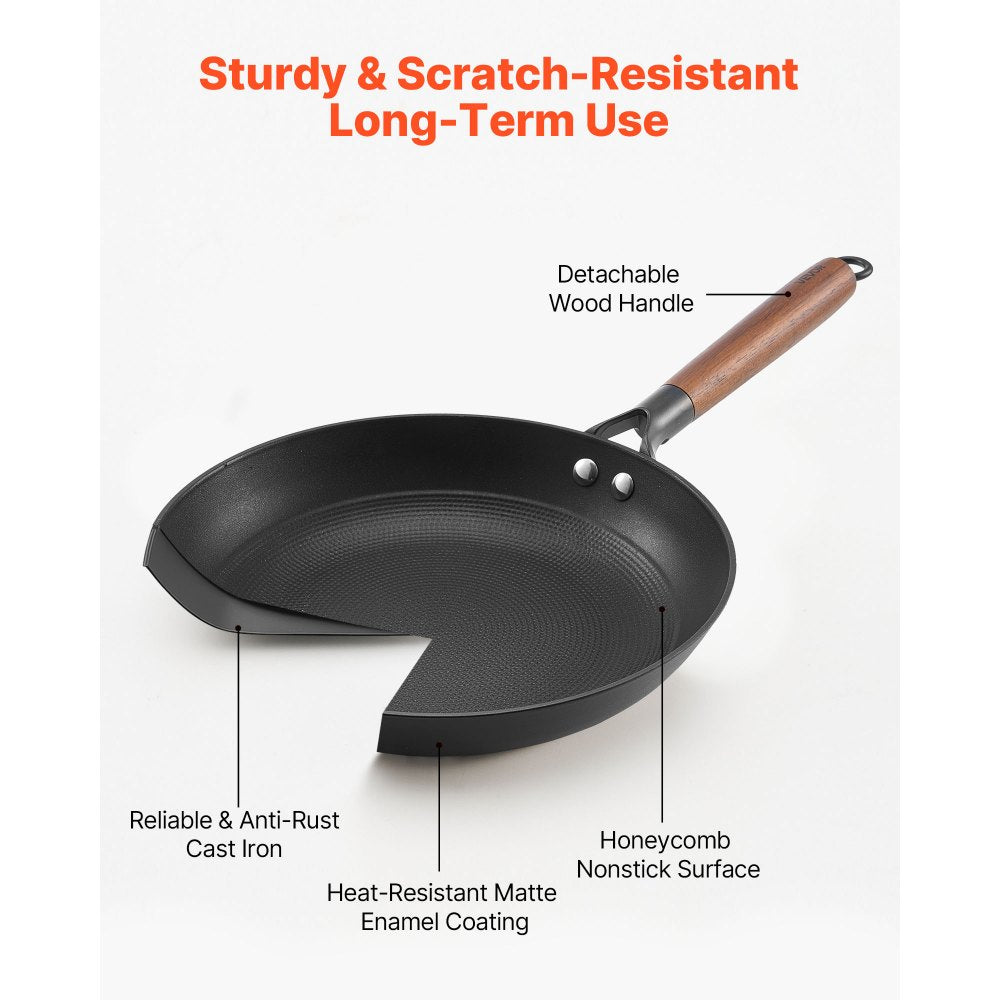 VEVOR Cast Iron Skillet, 3-Piece Frying Pan Set (8, 10, 12 in), Nonstick Skillets with Detachable Wood Handle, Pre-Seasoned Chef's Pan, Kitchen Cookware for Gas, Electrical, and Induction, Black