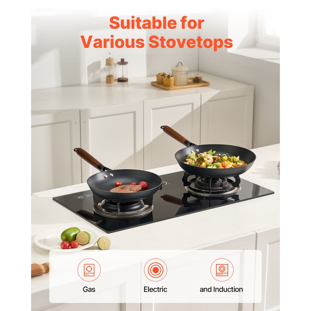 VEVOR Cast Iron Skillet, 3-Piece Frying Pan Set (8, 10, 12 in), Nonstick Skillets with Detachable Wood Handle, Pre-Seasoned Chef's Pan, Kitchen Cookware for Gas, Electrical, and Induction, Black