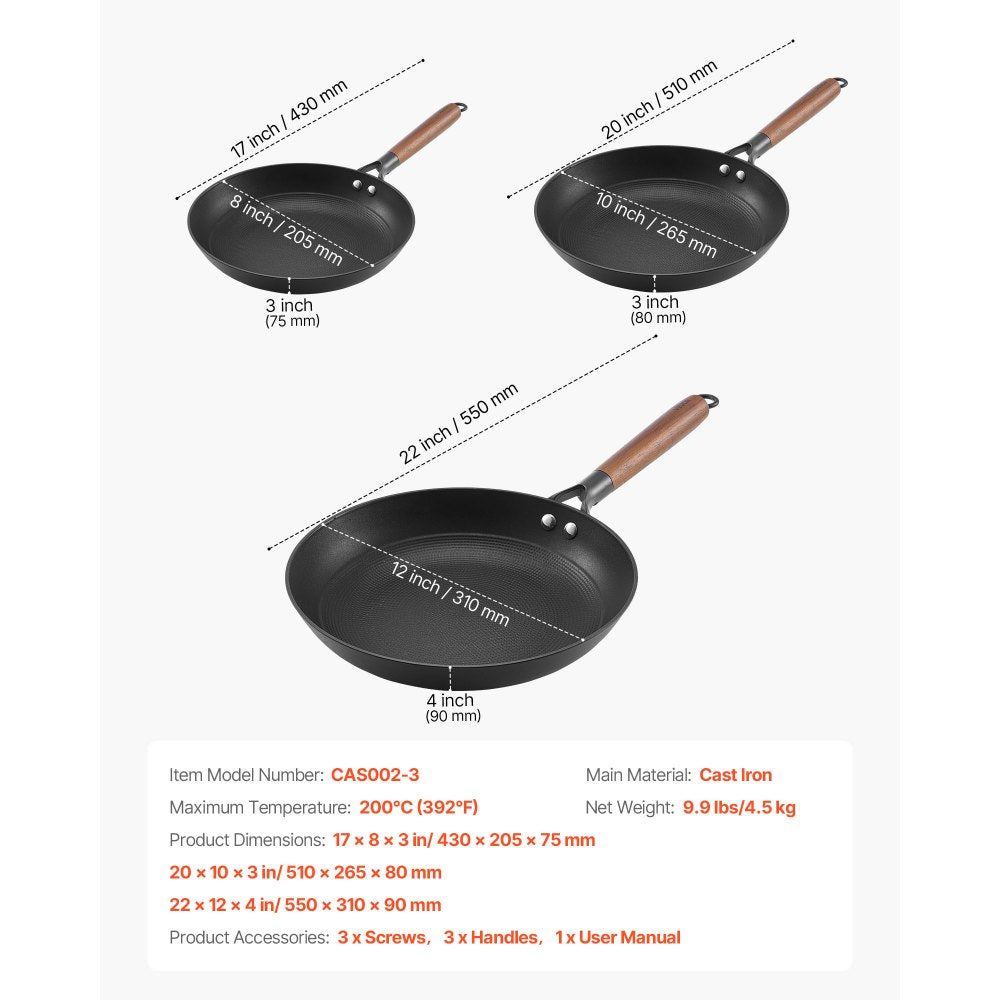 VEVOR Cast Iron Skillet, 3-Piece Frying Pan Set (8, 10, 12 in), Nonstick Skillets with Detachable Wood Handle, Pre-Seasoned Chef's Pan, Kitchen Cookware for Gas, Electrical, and Induction, Black