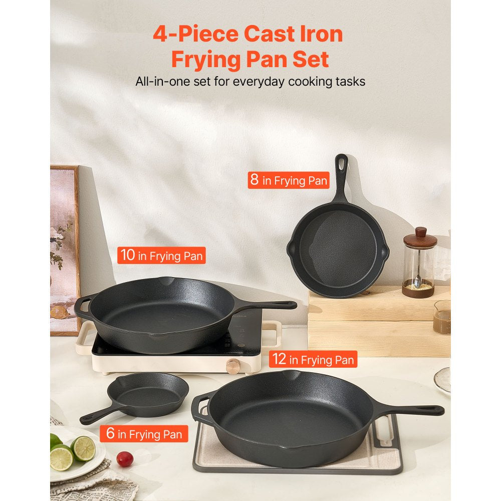 VEVOR Cast Iron Skillet, 4-Piece Frying Pan Set (6, 8, 10, 12 in), Skillets with Heat-Resistant Silicone Handle, Pre-Seasoned Chef's Pan, Kitchen Cookware, for Oven, Gas, Electrical, Induction, Black