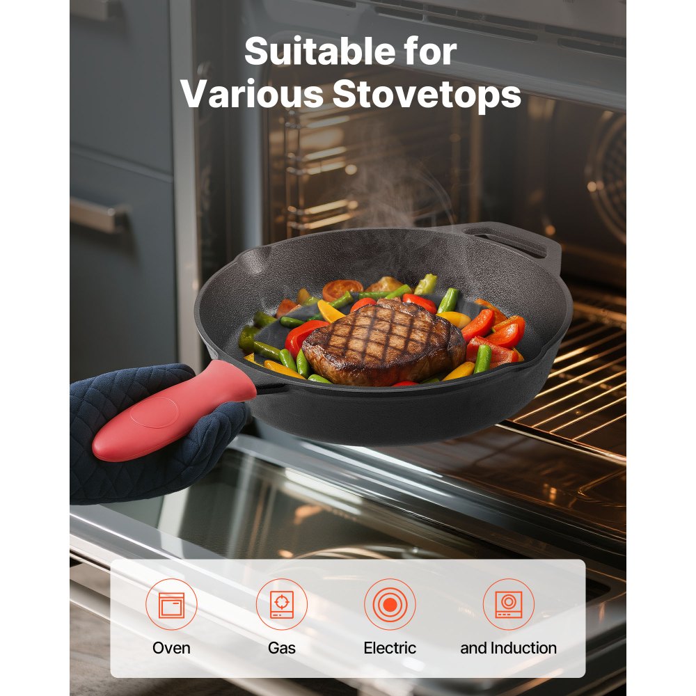 VEVOR Cast Iron Skillet, 4-Piece Frying Pan Set (6, 8, 10, 12 in), Skillets with Heat-Resistant Silicone Handle, Pre-Seasoned Chef's Pan, Kitchen Cookware, for Oven, Gas, Electrical, Induction, Black