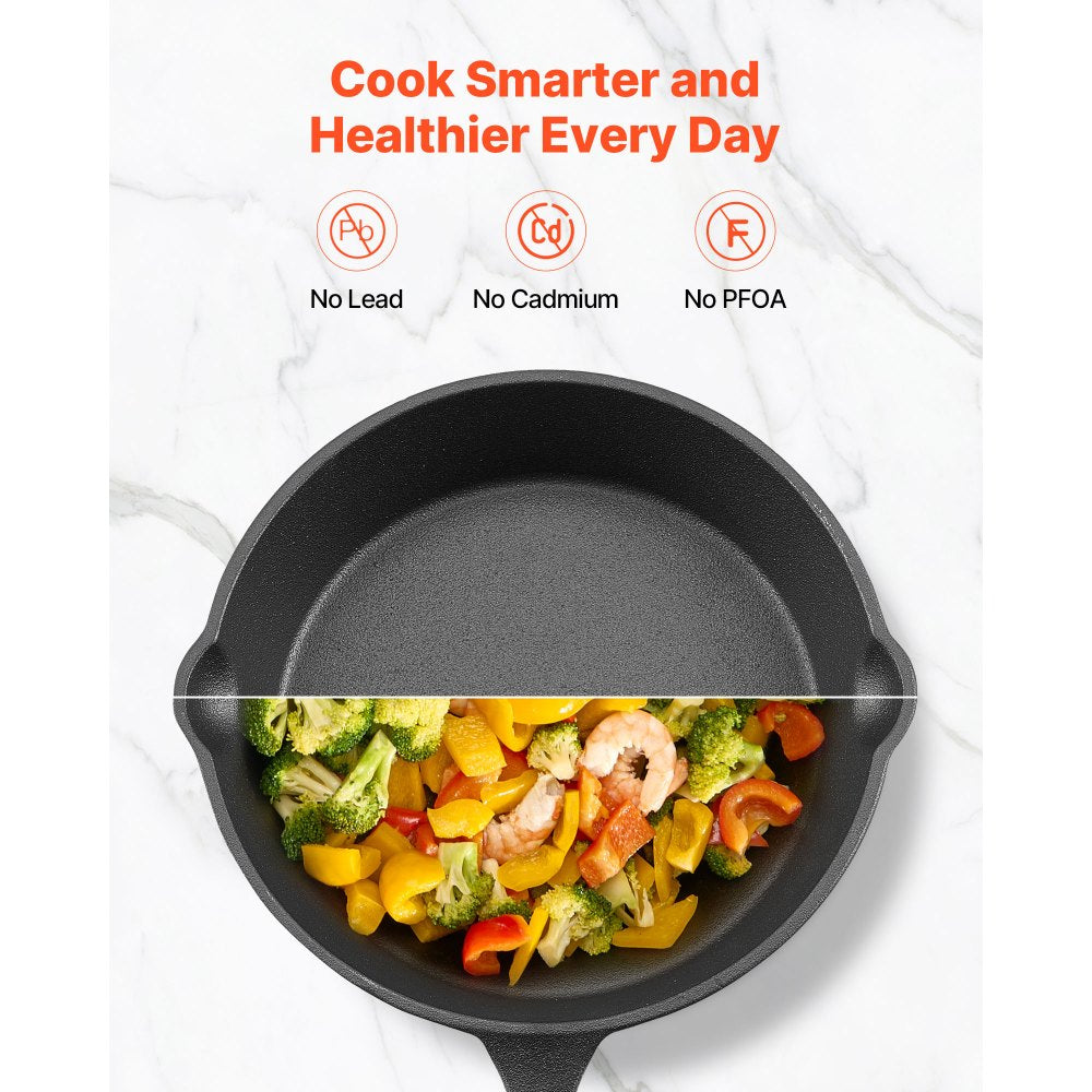 VEVOR Cast Iron Skillet, 3-Piece Frying Pan Set (6, 8, 10 in), Heavy-Duty Skillets with Heat-Resistant Handle, Pre-Seasoned Chef's Pan, Kitchen Cookware, for Oven, Gas, Electrical, Induction, Black