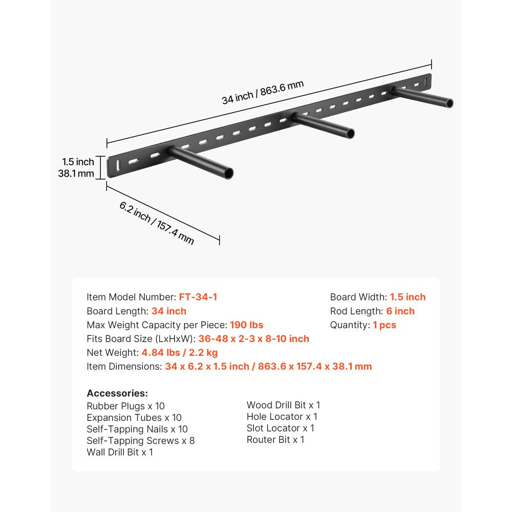 VEVOR Floating Shelf Bracket 1 Pack, 190 lbs/86 kg Weight Capacity, 34x6.2x1.5 inch / 863.6x157.4x38.1 mm, Heavy Duty Hidden Shelf Brackets Support, Wall Mounting Invisible Floating Shelves Bracket