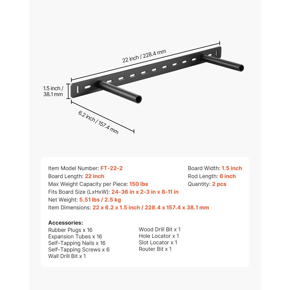 VEVOR Floating Shelf Brackets 2 Pcs, 150 lbs/68 kg Weight Capacity, 22x6.2x1.5 inch / 558.4x157.4x38.1 mm, Heavy Duty Hidden Shelf Brackets Support, Wall Mounting Invisible Floating Shelves Bracket