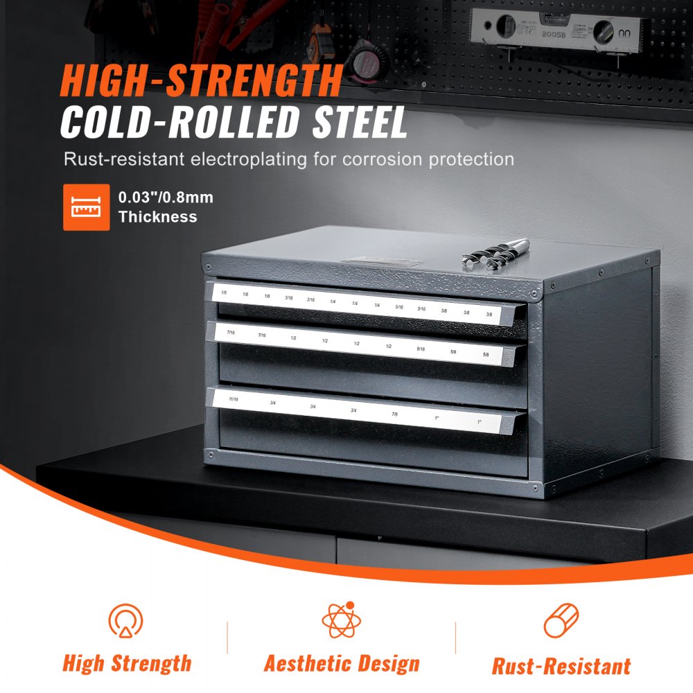 VEVOR Three-Drawer Steel Cabinet for End Mill Organization, Accommodates 1/8" to 1", Features 29 Compartments with Labels, Stackable Design for Efficient Storage