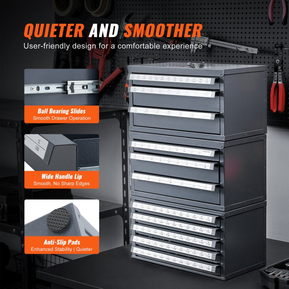 VEVOR Three-Drawer Steel Cabinet for End Mill Organization, Accommodates 1/8" to 1", Features 29 Compartments with Labels, Stackable Design for Efficient Storage