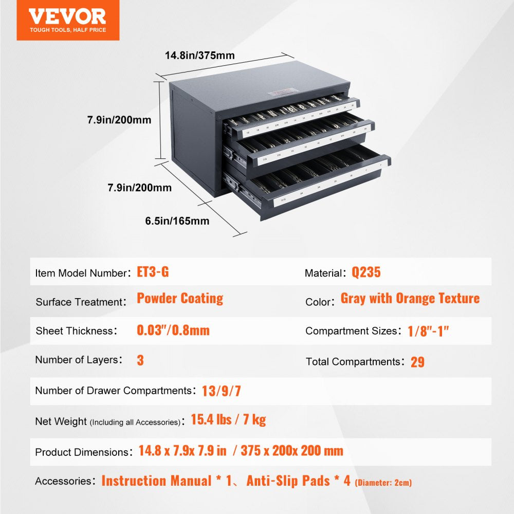 VEVOR Three-Drawer Steel Cabinet for End Mill Organization, Accommodates 1/8" to 1", Features 29 Compartments with Labels, Stackable Design for Efficient Storage
