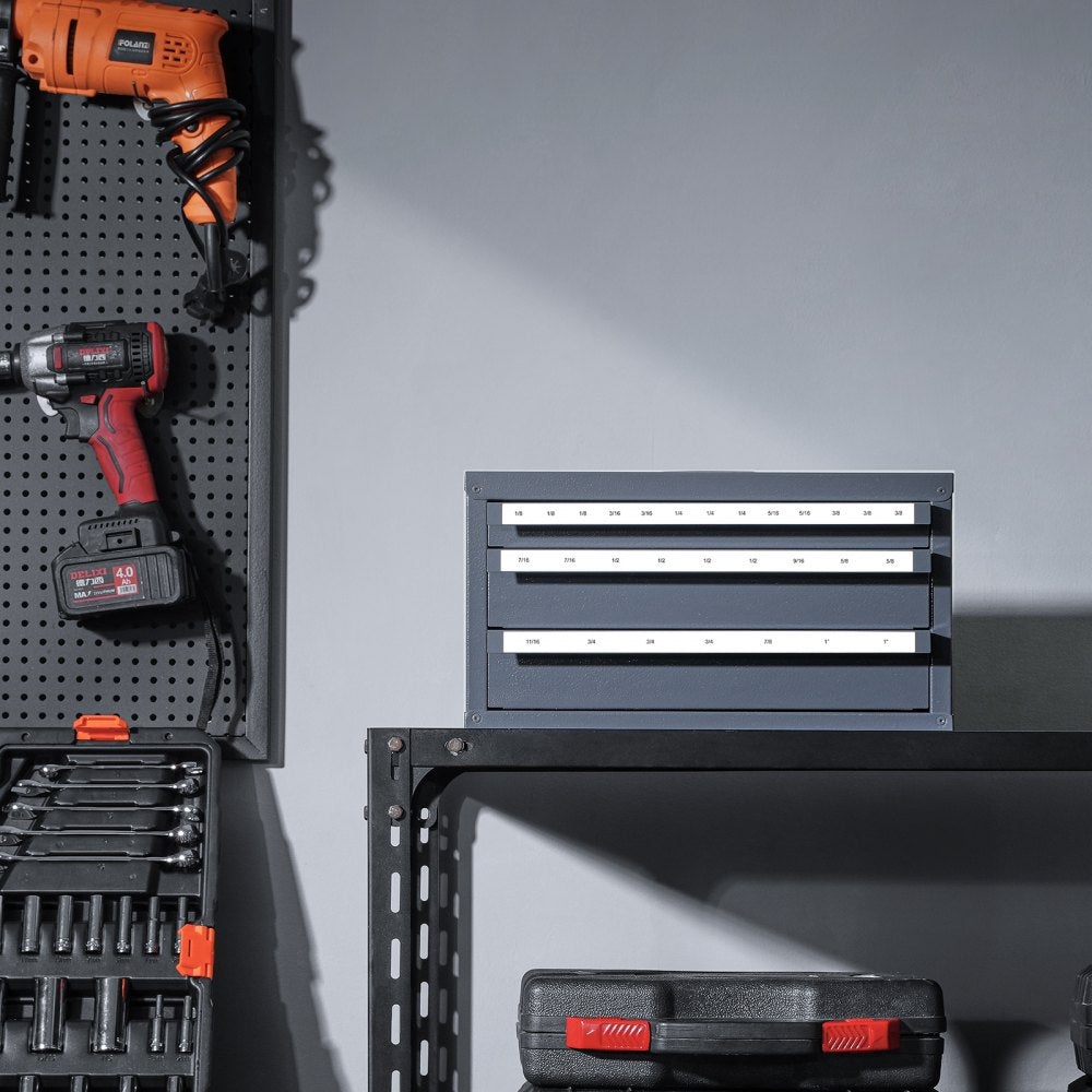 VEVOR Three-Drawer Steel Cabinet for End Mill Organization, Accommodates 1/8" to 1", Features 29 Compartments with Labels, Stackable Design for Efficient Storage