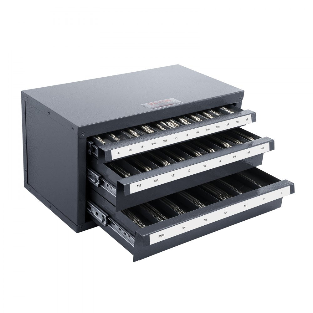 VEVOR Three-Drawer Steel Cabinet for End Mill Organization, Accommodates 1/8" to 1", Features 29 Compartments with Labels, Stackable Design for Efficient Storage