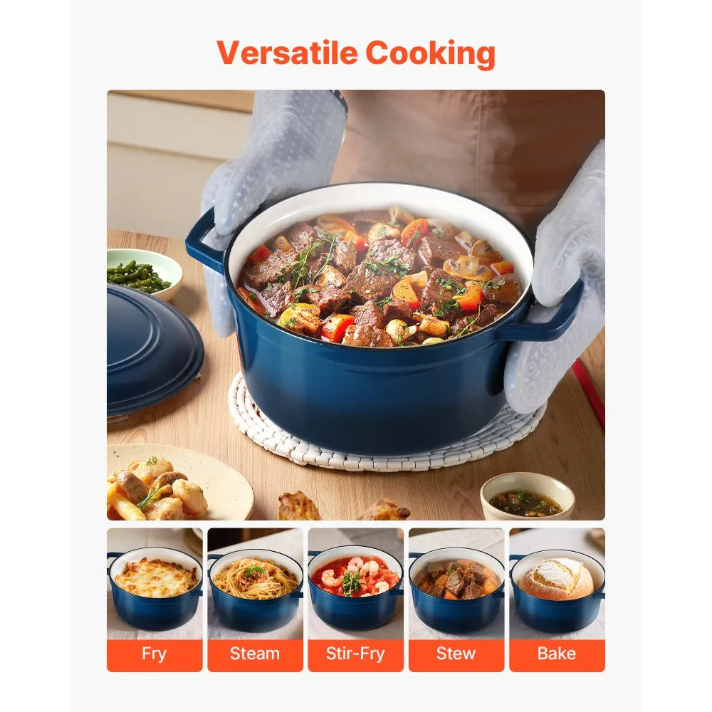VEVOR Enameled Cast Iron Dutch Oven, 6 Quart Pot with Lid and Dual Handles, Heavy-Duty Durable Cookware Pan, Oven Induction Compatible up to 500℉, for Braising, Stews, Roasting, Bread Baking, Blue