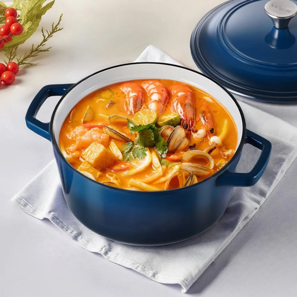 VEVOR Enameled Cast Iron Dutch Oven, 6 Quart Pot with Lid and Dual Handles, Heavy-Duty Durable Cookware Pan, Oven Induction Compatible up to 500℉, for Braising, Stews, Roasting, Bread Baking, Blue