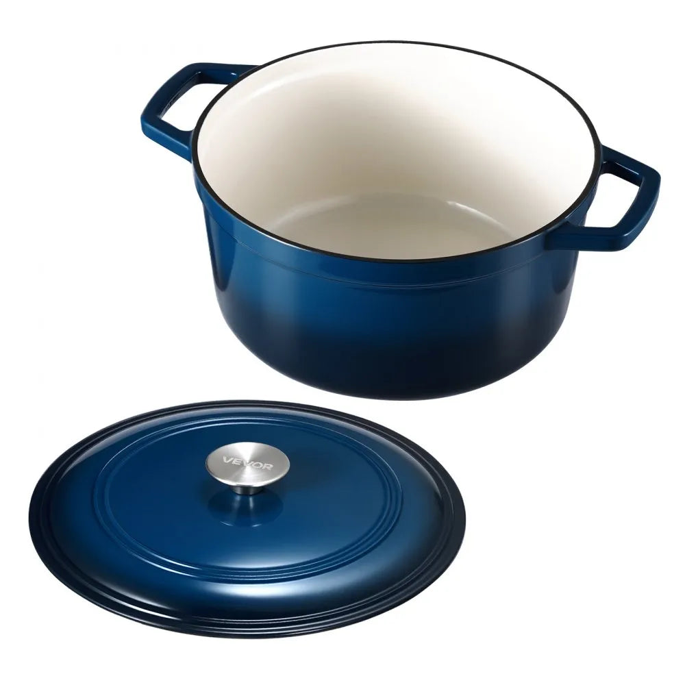VEVOR Enameled Cast Iron Dutch Oven, 6 Quart Pot with Lid and Dual Handles, Heavy-Duty Durable Cookware Pan, Oven Induction Compatible up to 500℉, for Braising, Stews, Roasting, Bread Baking, Blue
