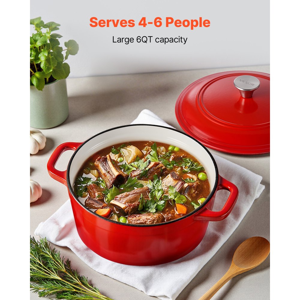 VEVOR Enameled Cast Iron Dutch Oven, 6 Quart Pot with Lid and Dual Handles, Heavy-Duty Durable Cookware Pan, Oven Induction Compatible up to 500℉, for Braising, Stews, Roasting, Bread Baking, Red