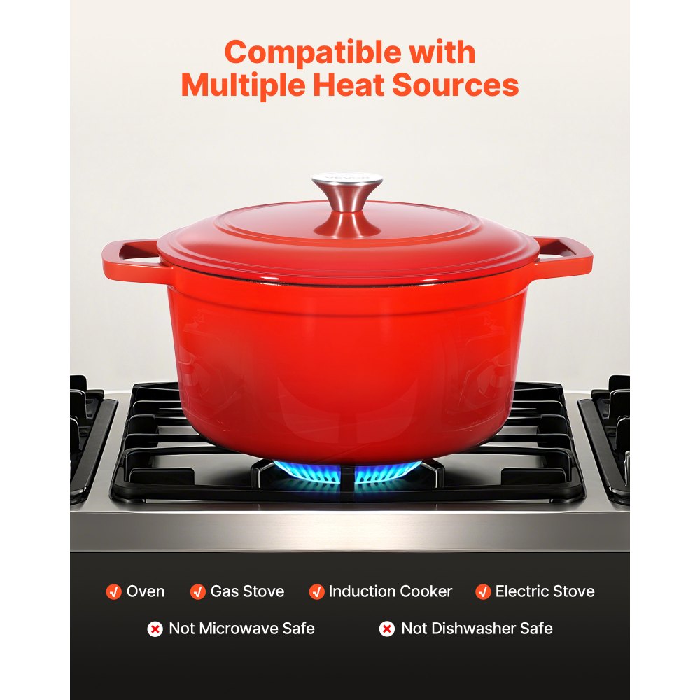VEVOR Enameled Cast Iron Dutch Oven, 6 Quart Pot with Lid and Dual Handles, Heavy-Duty Durable Cookware Pan, Oven Induction Compatible up to 500℉, for Braising, Stews, Roasting, Bread Baking, Red
