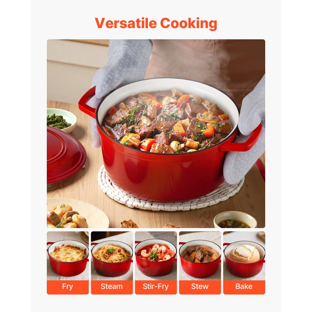 VEVOR Enameled Cast Iron Dutch Oven, 6 Quart Pot with Lid and Dual Handles, Heavy-Duty Durable Cookware Pan, Oven Induction Compatible up to 500℉, for Braising, Stews, Roasting, Bread Baking, Red