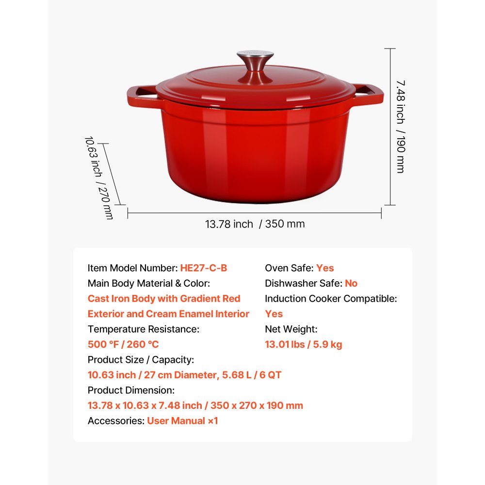 VEVOR Enameled Cast Iron Dutch Oven, 6 Quart Pot with Lid and Dual Handles, Heavy-Duty Durable Cookware Pan, Oven Induction Compatible up to 500℉, for Braising, Stews, Roasting, Bread Baking, Red