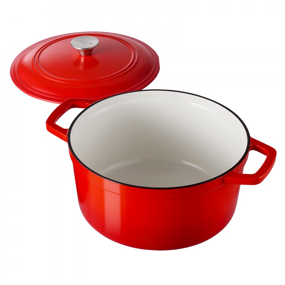 VEVOR Enameled Cast Iron Dutch Oven, 6 Quart Pot with Lid and Dual Handles, Heavy-Duty Durable Cookware Pan, Oven Induction Compatible up to 500℉, for Braising, Stews, Roasting, Bread Baking, Red