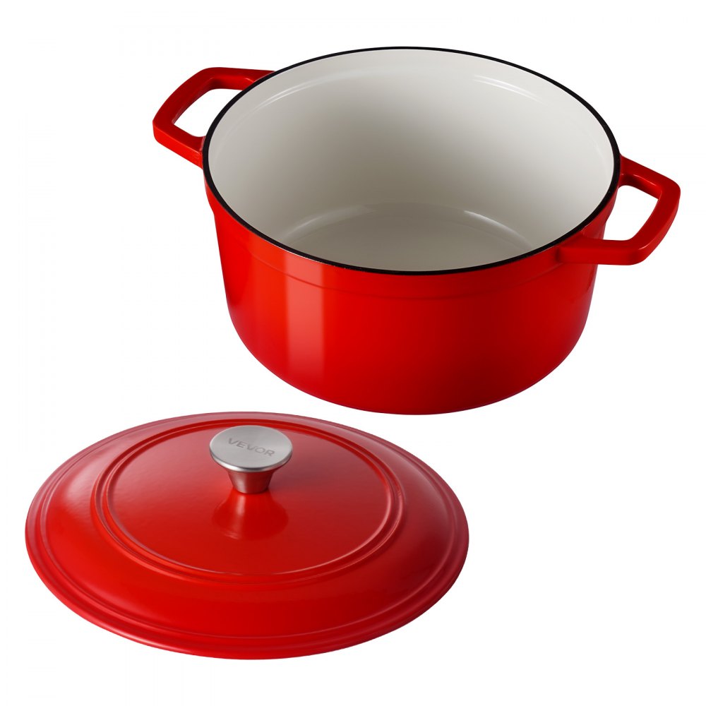 VEVOR Enameled Cast Iron Dutch Oven, 6 Quart Pot with Lid and Dual Handles, Heavy-Duty Durable Cookware Pan, Oven Induction Compatible up to 500℉, for Braising, Stews, Roasting, Bread Baking, Red