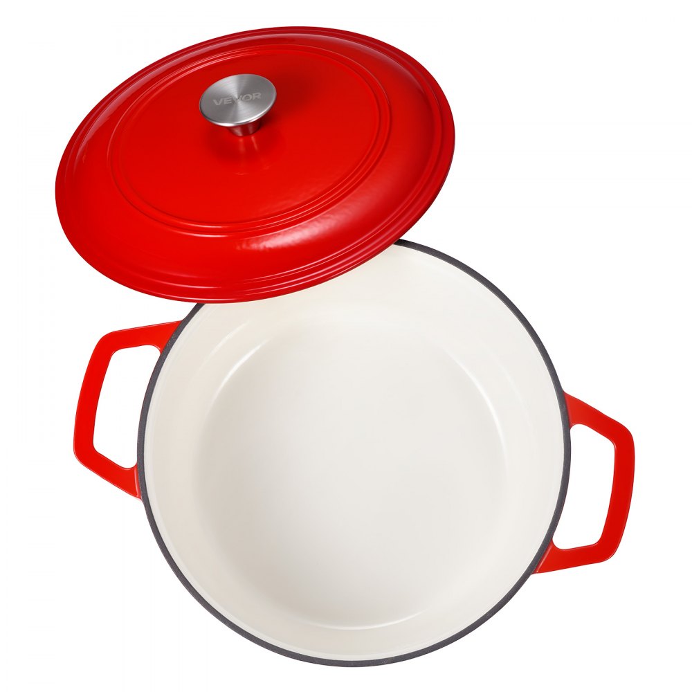 VEVOR Enameled Cast Iron Dutch Oven, 6 Quart Pot with Lid and Dual Handles, Heavy-Duty Durable Cookware Pan, Oven Induction Compatible up to 500℉, for Braising, Stews, Roasting, Bread Baking, Red