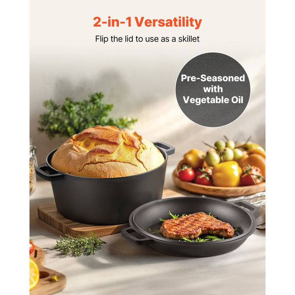 Vevor Dutch Oven 5 Qt 2-in-1 Pre-Seasoned Cast Iron Pot with Skillet L ...