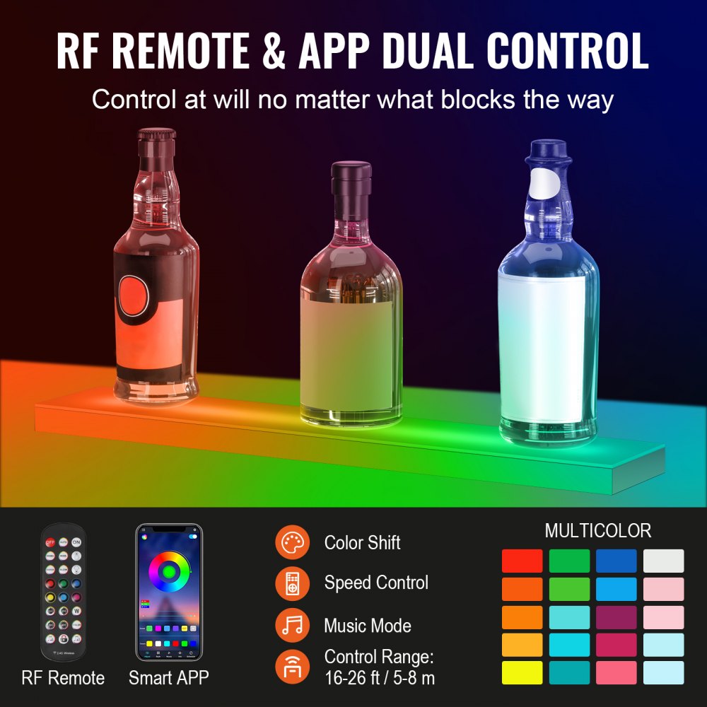 VEVOR LED Lighted Liquor Bottle Display Bar Shelf RF & App Control 24" 1-Step White