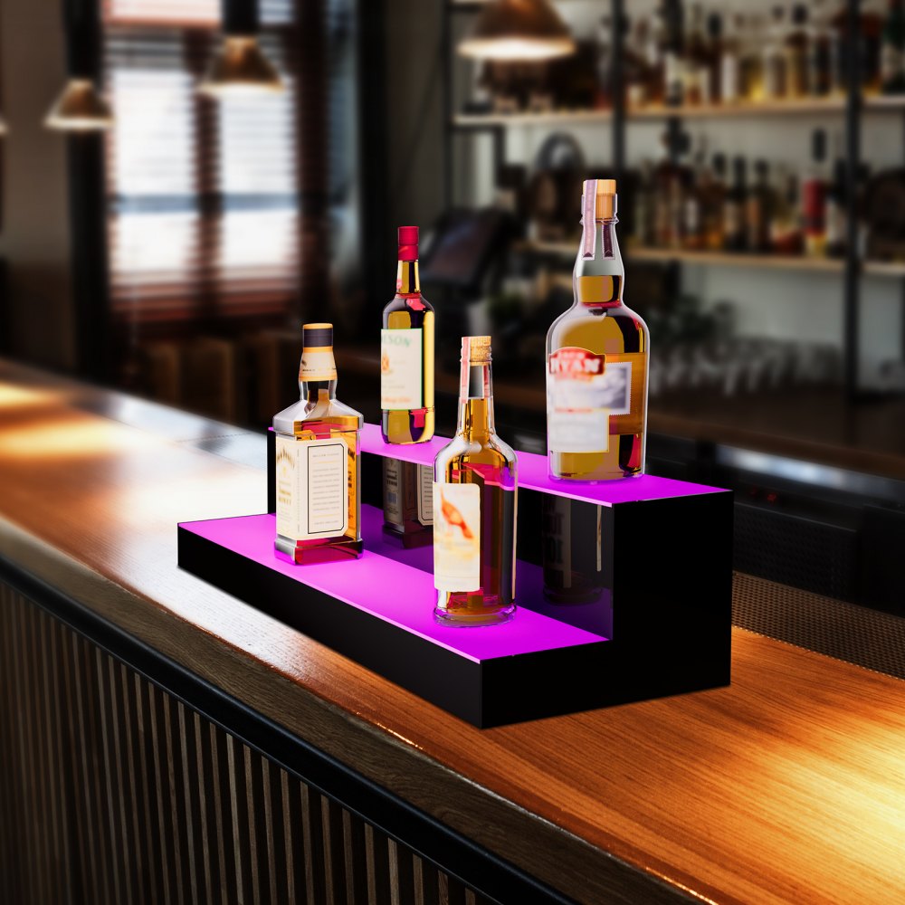 VEVOR LED Lighted Liquor Bottle Display, 2 Tiers 30 Inch Commercial Illuminated Home Bar Shelf, 2 Steps Whiskey Rack Stand, Acrylic Drink Shelves with RF Remote & App Control, and Multicolor lighting
