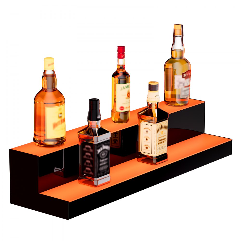 VEVOR LED Lighted Liquor Bottle Display, 2 Tiers 30 Inch Commercial Illuminated Home Bar Shelf, 2 Steps Whiskey Rack Stand, Acrylic Drink Shelves with RF Remote & App Control, and Multicolor lighting