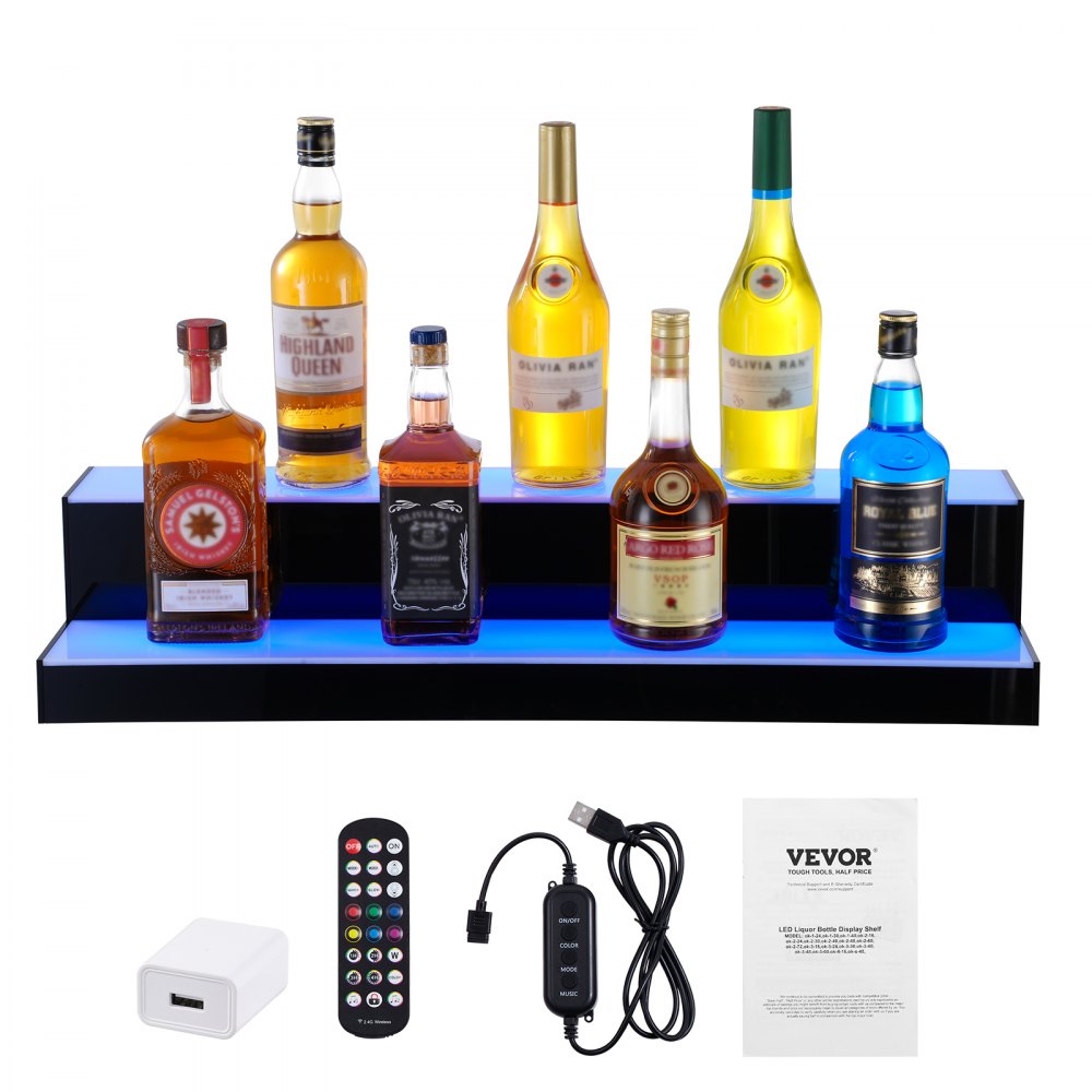 VEVOR LED Lighted Liquor Bottle Display, 2 Tiers 30 Inch Commercial Illuminated Home Bar Shelf, 2 Steps Whiskey Rack Stand, Acrylic Drink Shelves with RF Remote & App Control, and Multicolor lighting