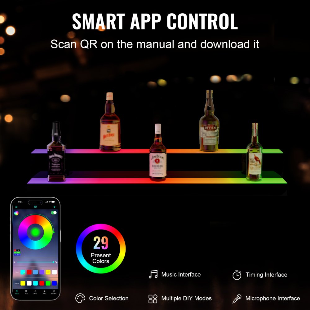 VEVOR LED Lighted Liquor Bottle Display, 2 Tiers 40 Inch Commercial Illuminated Home Bar Shelf, 2 Steps Whiskey Rack Stand, Acrylic Drink Shelves with RF Remote & App Control, and Multicolor lighting