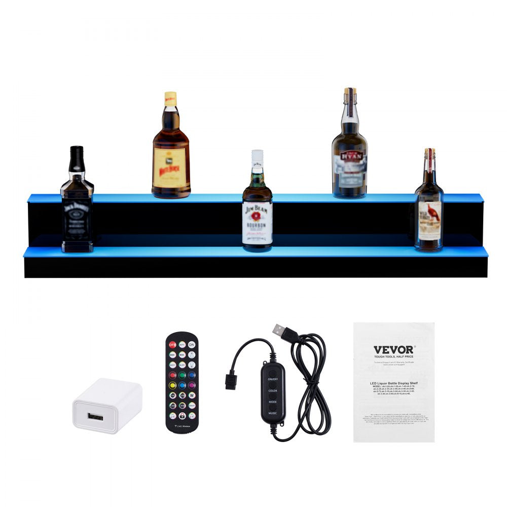 VEVOR LED Lighted Liquor Bottle Display, 2 Tiers 40 Inch Commercial Illuminated Home Bar Shelf, 2 Steps Whiskey Rack Stand, Acrylic Drink Shelves with RF Remote & App Control, and Multicolor lighting