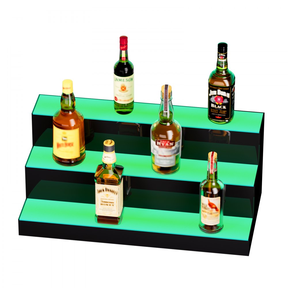 VEVOR LED Lighted Liquor Bottle Display, 3 Tiers 24 Inch Commercial Illuminated Home Bar Shelf, 3 Steps Whiskey Rack Stand, Acrylic Drink Shelves with RF Remote & App Control, and Multicolor lighting