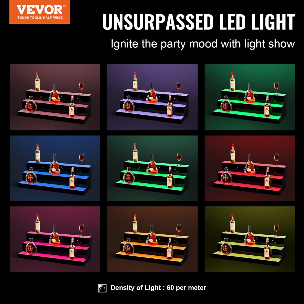 VEVOR LED Lighted Liquor Bottle Display, 3 Tiers 30 Inch Commercial Illuminated Home Bar Shelf, 3 Steps Whiskey Rack Stand, Acrylic Drink Shelves with RF Remote & App Control, and Multicolor lighting