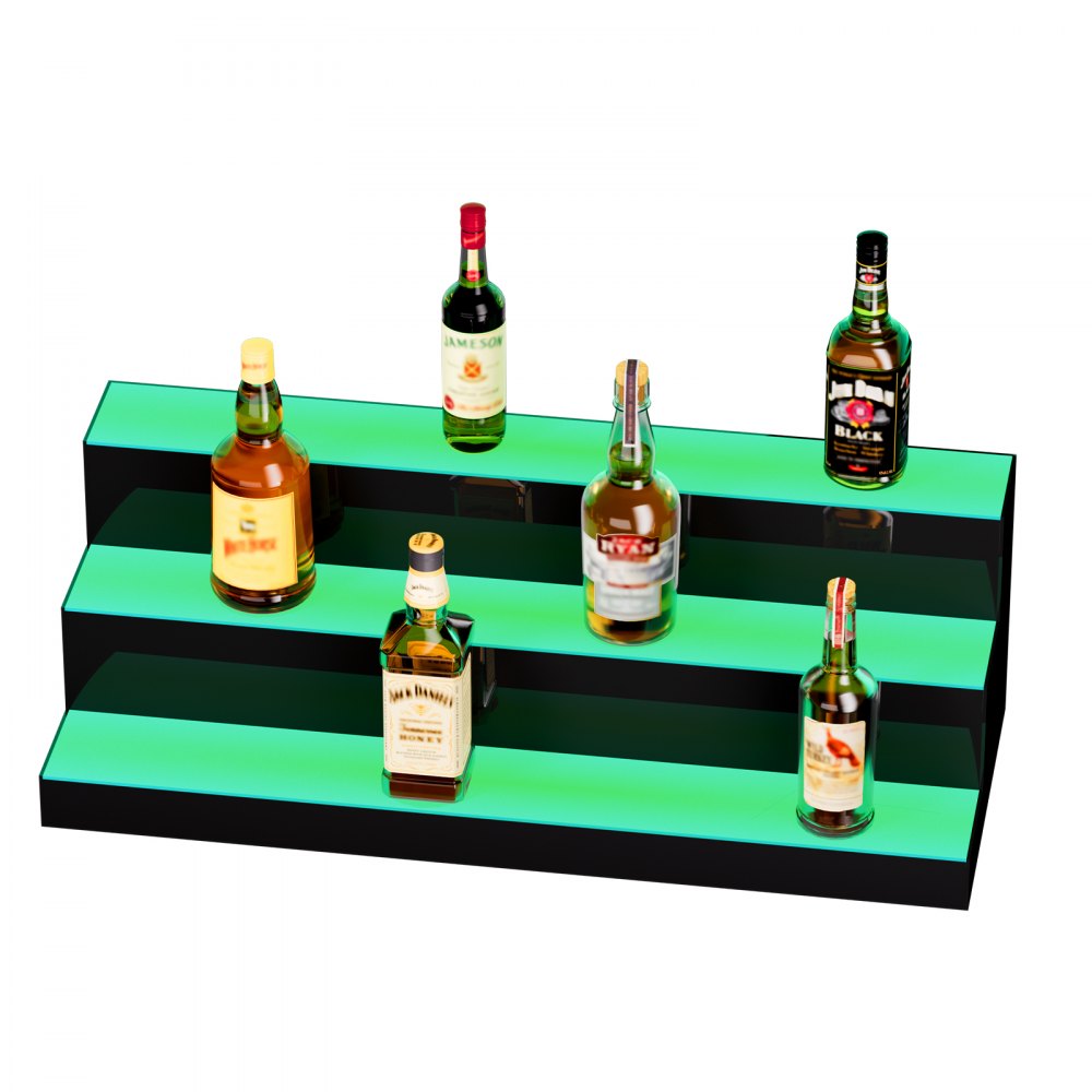 VEVOR LED Lighted Liquor Bottle Display, 3 Tiers 30 Inch Commercial Illuminated Home Bar Shelf, 3 Steps Whiskey Rack Stand, Acrylic Drink Shelves with RF Remote & App Control, and Multicolor lighting