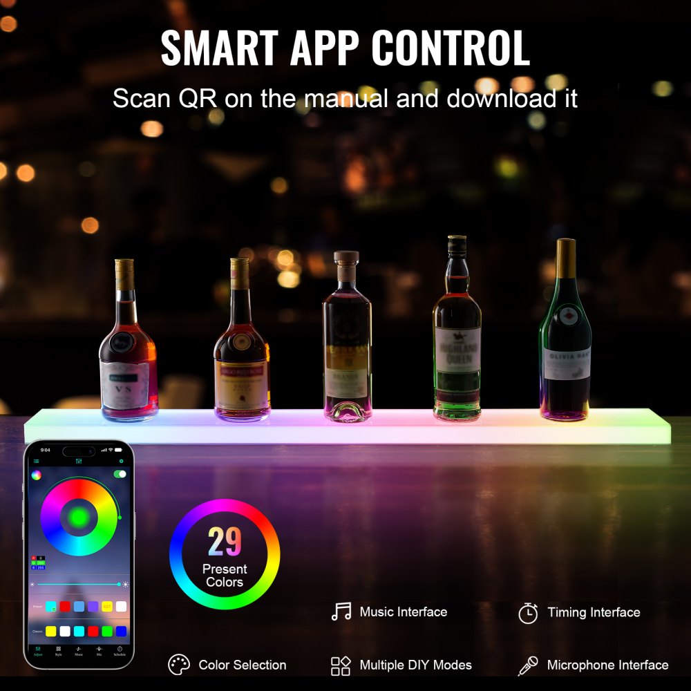 VEVOR LED Lighted Liquor Bottle Display, 1 Tier 40 Inch Wall Mounted Whiskey Rack Stand, 1 Step Commercial Illuminated Home Bar Shelf, Acrylic Drinks lighting Shelves with RF Remote & App Control