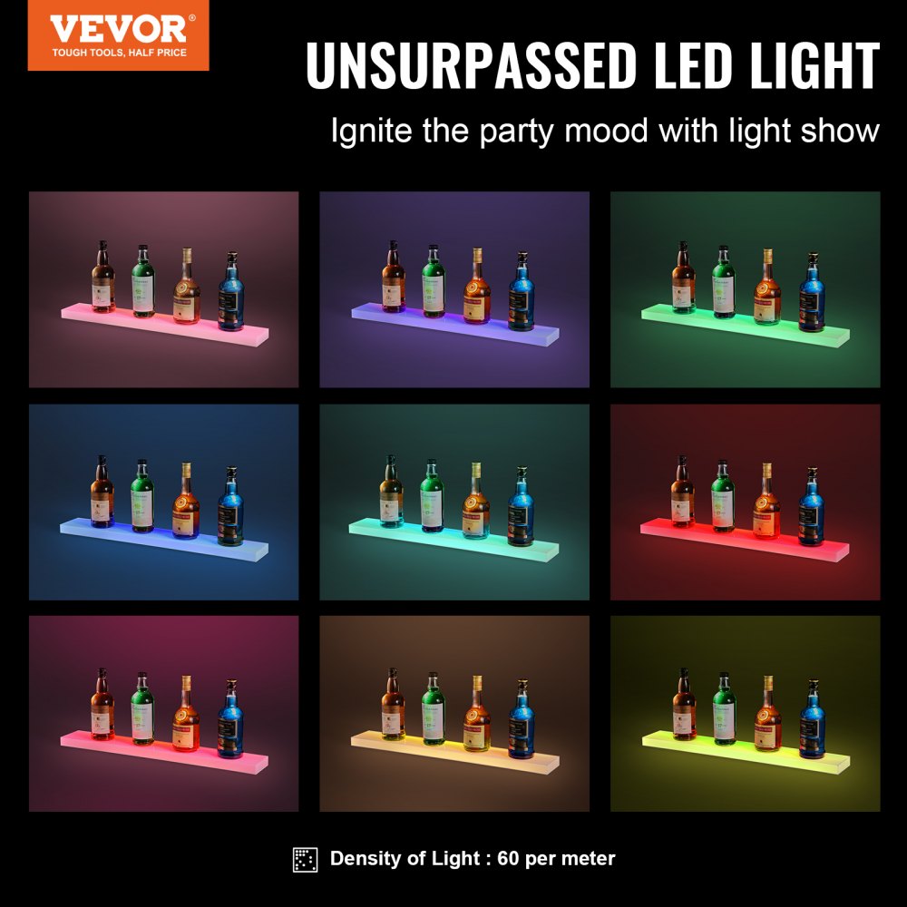 VEVOR LED Lighted Liquor Bottle Display, 1 Tier 30 Inch Wall Mounted Whiskey Rack Stand, 1 Step Commercial Illuminated Home Bar Shelf, Acrylic Drinks lighting Shelves with RF Remote & App Control