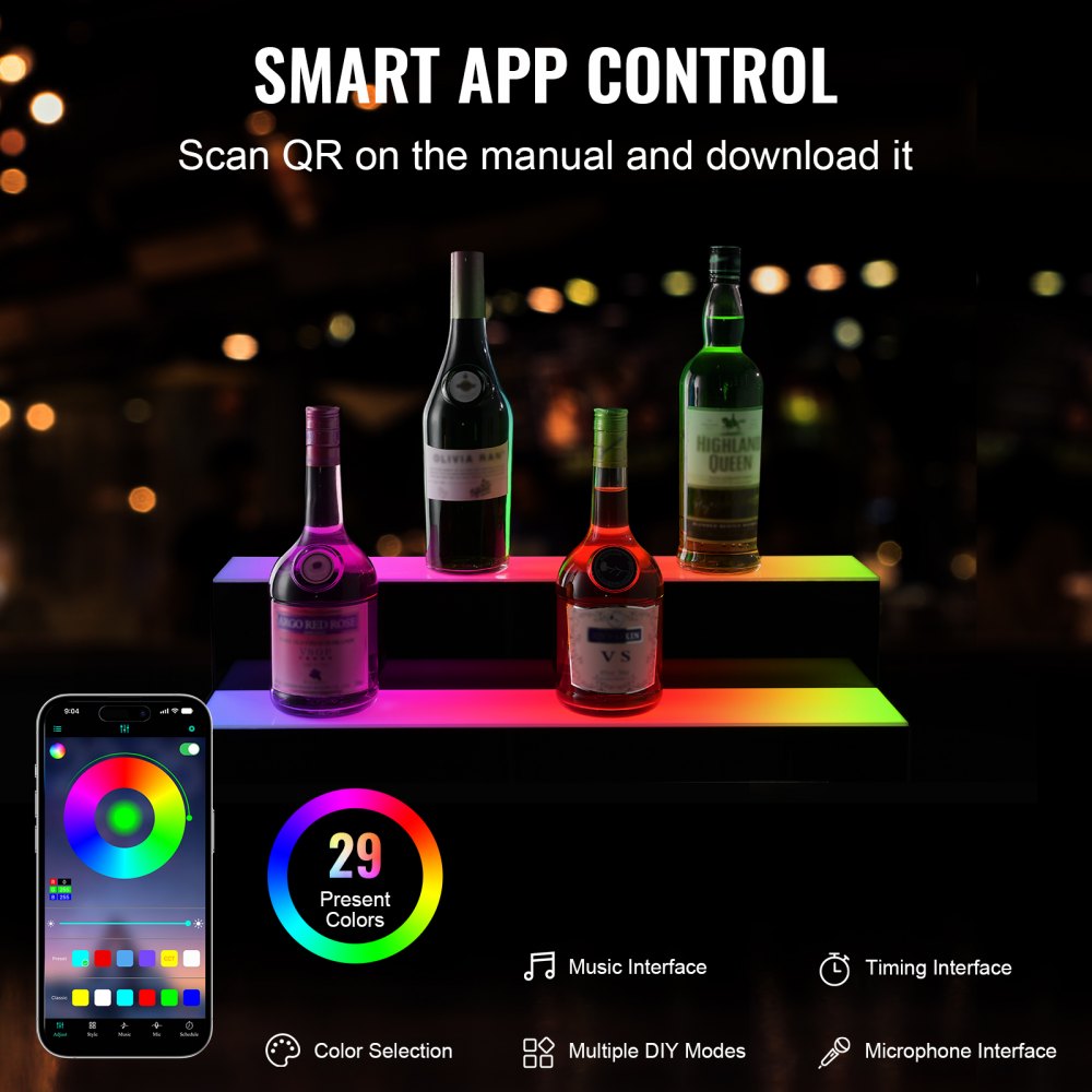 VEVOR LED Lighted Liquor Bottle Display, 2 Tiers 24 Inch Commercial Illuminated Home Bar Shelf, 2 Steps Whiskey Rack Stand, Acrylic Drink Shelves with RF Remote & App Control, and Multicolor lighting