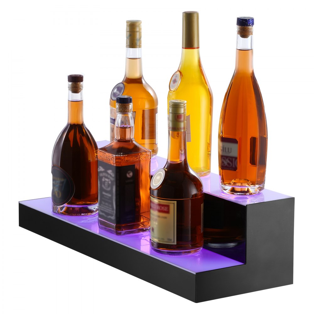 VEVOR LED Lighted Liquor Bottle Display, 2 Tiers 24 Inch Commercial Illuminated Home Bar Shelf, 2 Steps Whiskey Rack Stand, Acrylic Drink Shelves with RF Remote & App Control, and Multicolor lighting