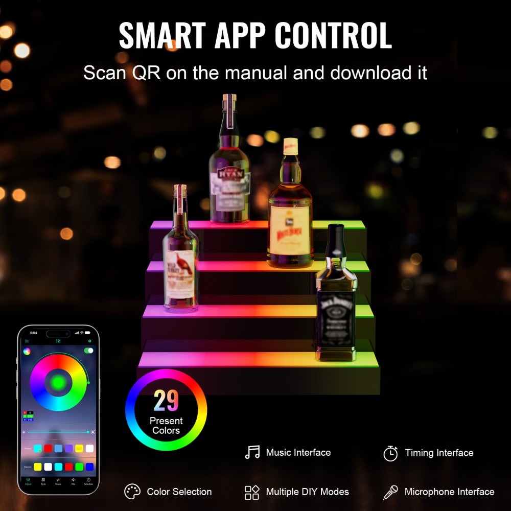 VEVOR LED Lighted Liquor Bottle Display, 3 Tiers 16 Inch Commercial Illuminated Home Bar Shelf, 3 Steps Whiskey Rack Stand, Acrylic Drink Shelves with RF Remote & App Control, and Multicolor lighting