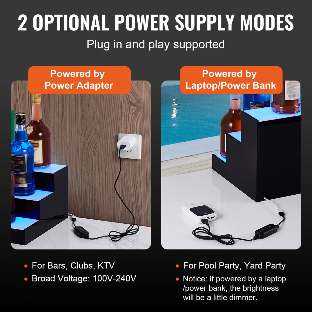 VEVOR LED Lighted Liquor Bottle Display, 3 Tiers 16 Inch Commercial Illuminated Home Bar Shelf, 3 Steps Whiskey Rack Stand, Acrylic Drink Shelves with RF Remote & App Control, and Multicolor lighting