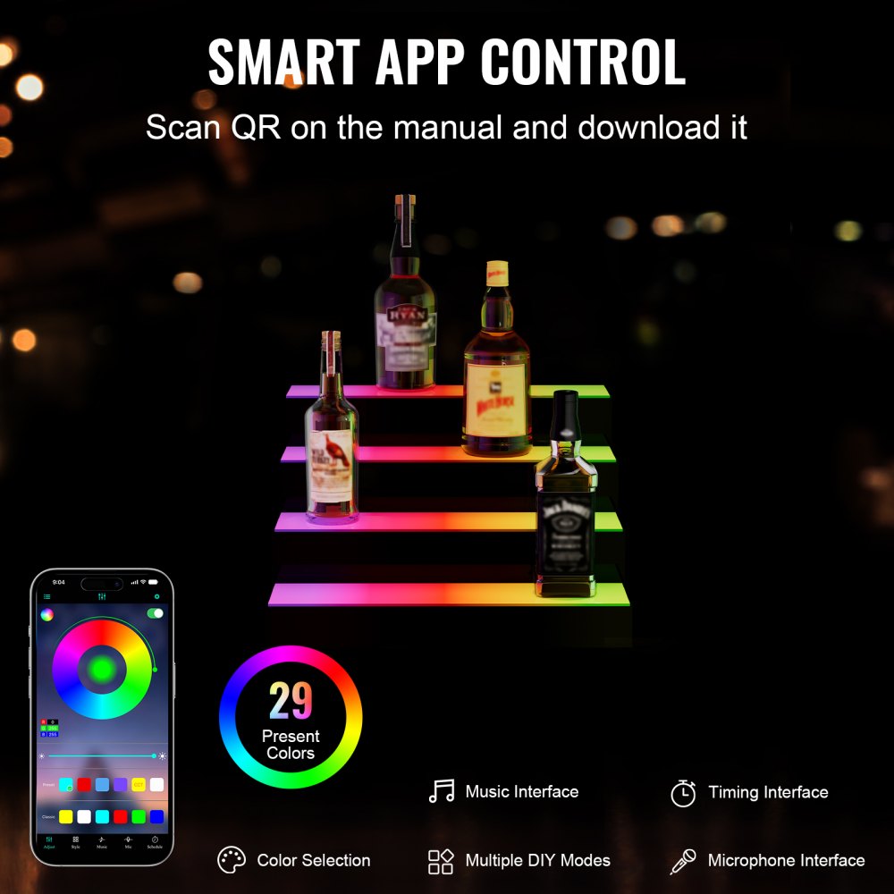 VEVOR LED Lighted Liquor Bottle Display, 4 Tiers 16 Inch Commercial Illuminated Home Bar Shelf, 4 Steps Whiskey Rack Stand, Acrylic Drink Shelves with RF Remote & App Control, and Multicolor lighting