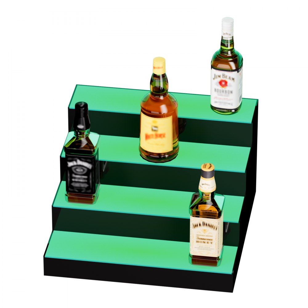 VEVOR LED Lighted Liquor Bottle Display, 4 Tiers 16 Inch Commercial Illuminated Home Bar Shelf, 4 Steps Whiskey Rack Stand, Acrylic Drink Shelves with RF Remote & App Control, and Multicolor lighting