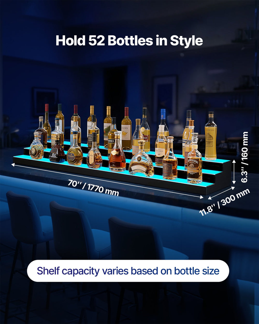 LED liquor bottle display shelf highlights capacity and dimensions (holds up to 52 bottles; 70 x 11.8 x 6.3 in)