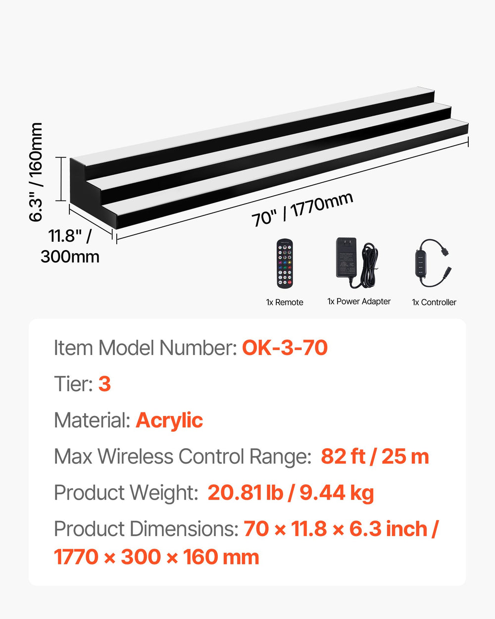 What’s included and key specs graphic (remote, power adapter, controller; model OK-3-70)