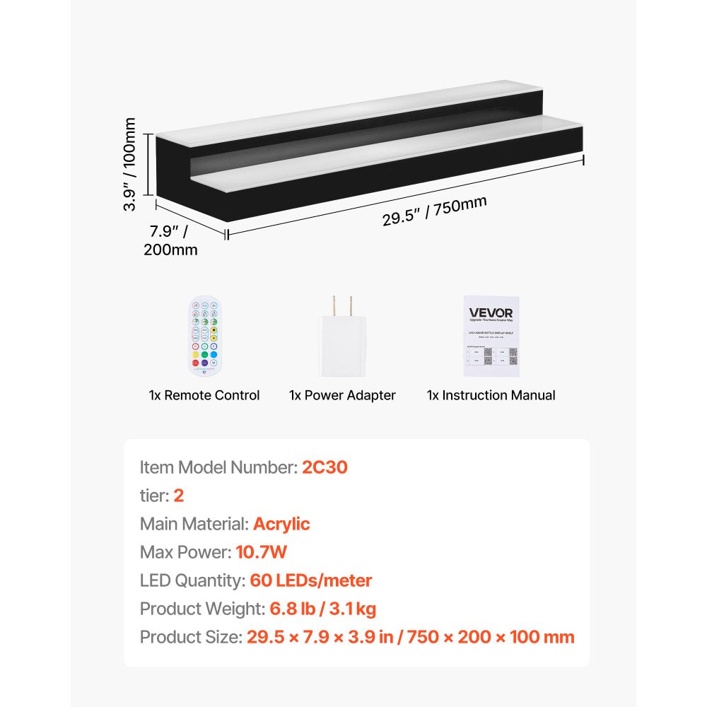 VEVOR LED Lighted Liquor Bottle Display, 2 Tiers 30 inches, Supports USB, Acrylic Illuminated Home Bar Shelf Display with RF Remote & App Control, 9 Static Colors, Timing Mode, for 14-20 Bottles