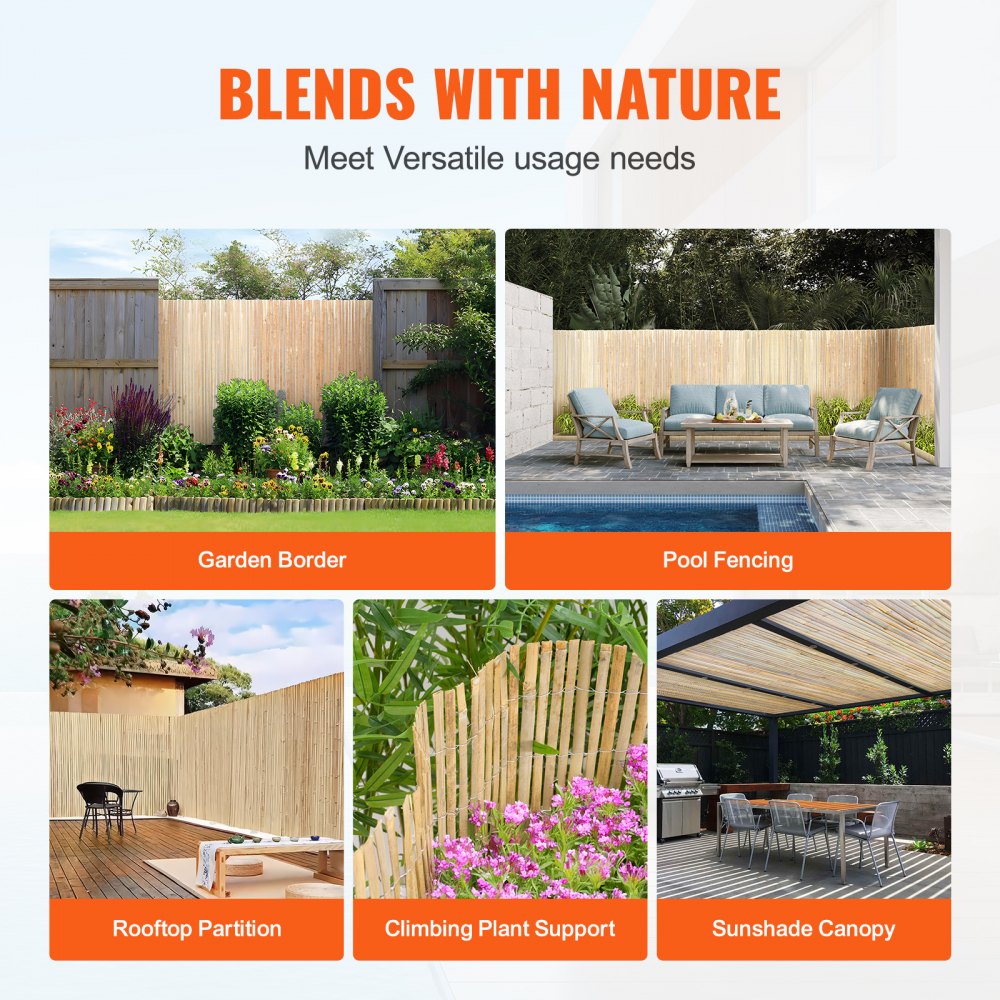 VEVOR Natural Bamboo Slat Screening, Eco-Friendly Privacy Bamboo Slat Fence, 3 ft H x 19.6 ft L Decorative Bamboo Screen Panel, for Garden, Backyard, Balcony, Patio, Pool Side
