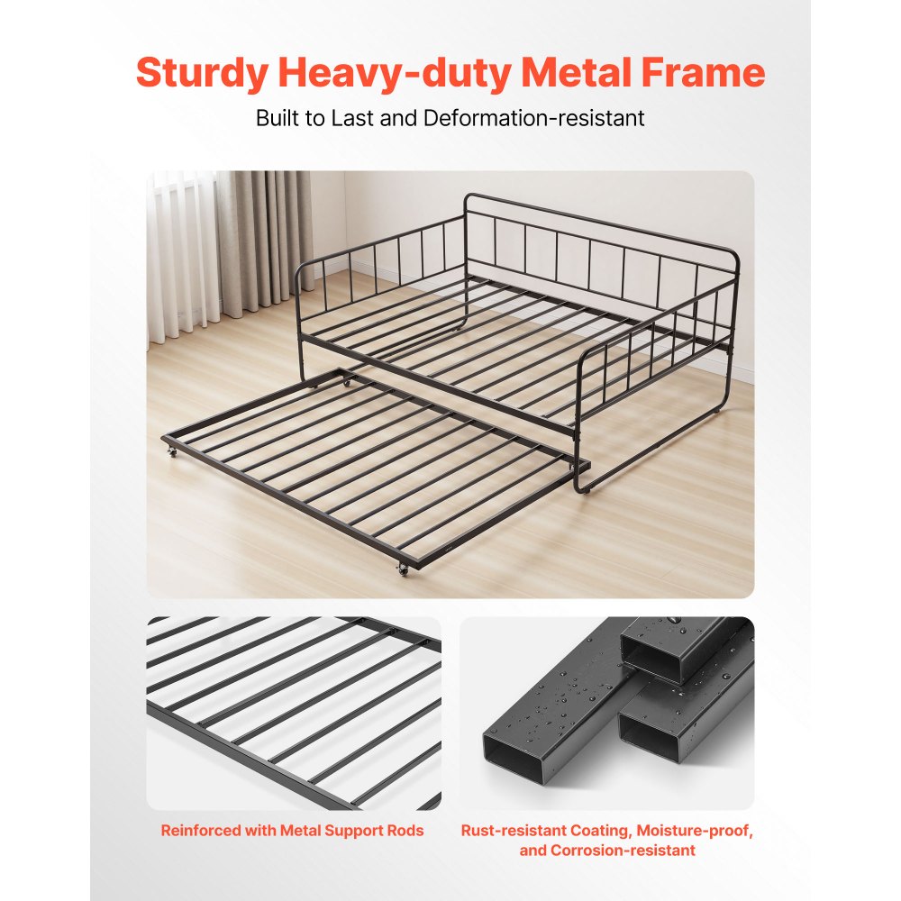 VEVOR Full Size Daybed Frame, Day Bed with Trundle, Heavy Duty Metal Platform Bed Frame, Full Daybed with Metal Slats Support for Living Room, Bedroom, Guest Room, Easy Assembly, Black