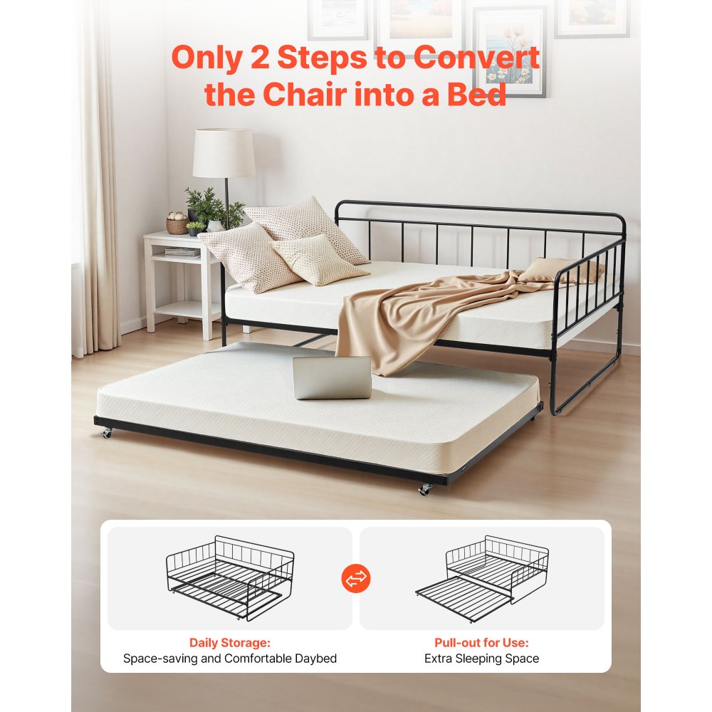VEVOR Full Size Daybed Frame, Day Bed with Trundle, Heavy Duty Metal Platform Bed Frame, Full Daybed with Metal Slats Support for Living Room, Bedroom, Guest Room, Easy Assembly, Black