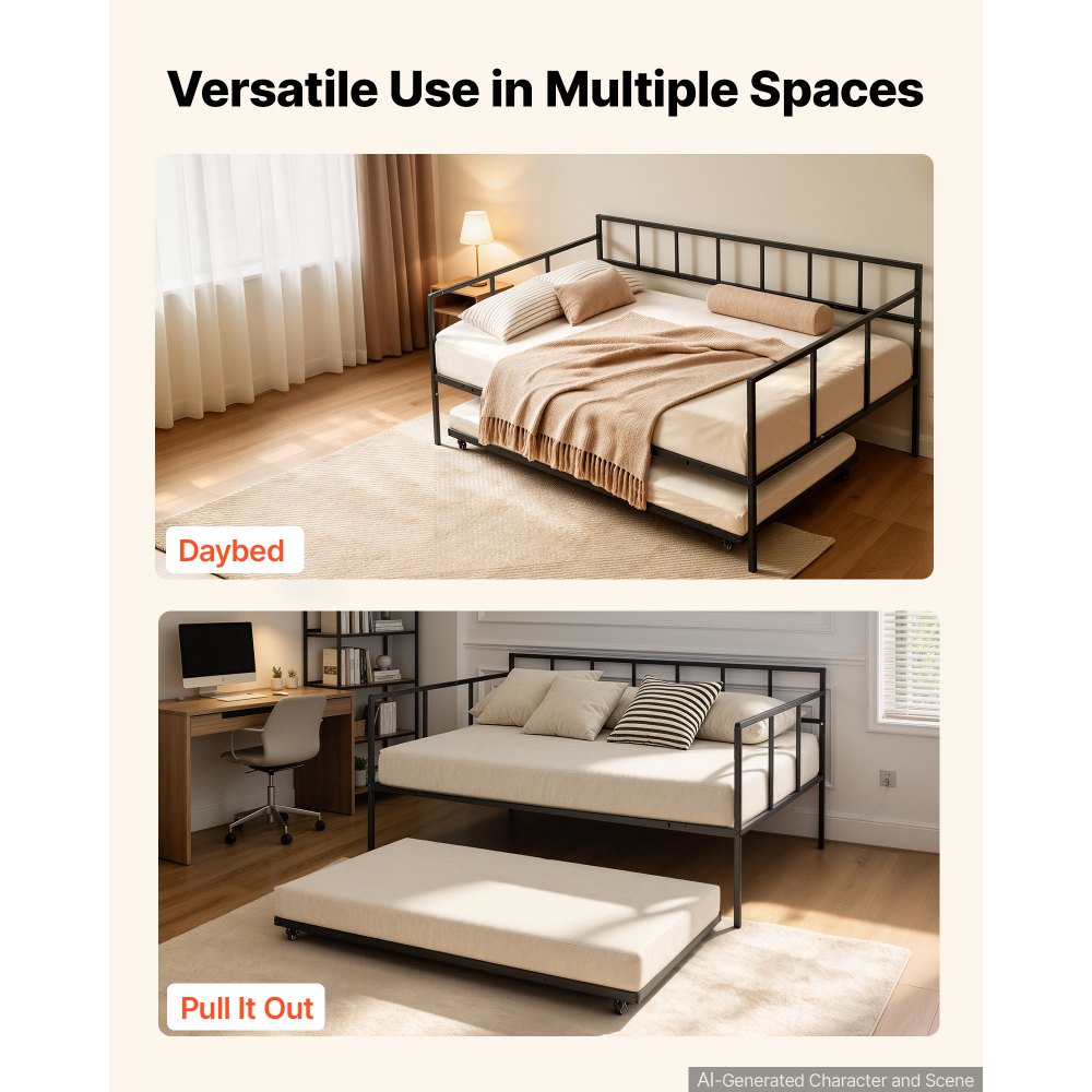 VEVOR Full Size Daybed with Pop Up Trundle Twin Size Metal Day Bed Frame, for Living Room Bedroom Guest Room, Sturdy Metal Design, Space Saving Sofa Bed, 2 Lockable Casters, Easy Assembly, Black