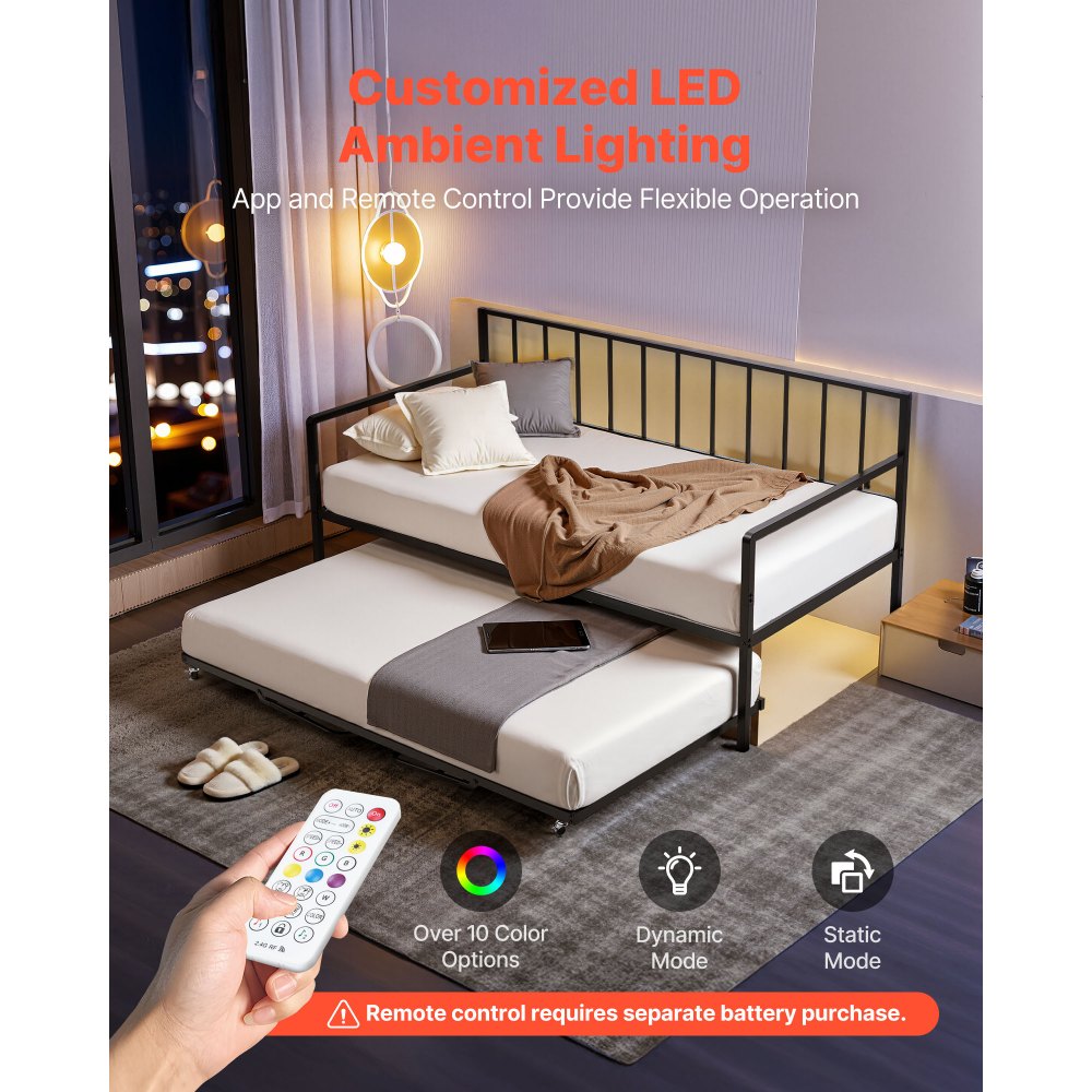 VEVOR Twin Size Daybed Frame, Height Adjustable Day Bed with Trundle, Heavy Duty Metal Platform Bed Frame with LED Light and Charging Station, Twin Daybed with Metal Slats for Living Room, Bedroom